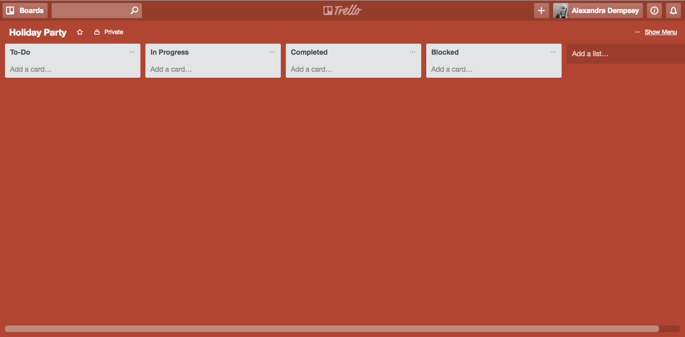 Create Trello lists for each stage of the project: For example, To-do, In Progress, Completed, Blocked