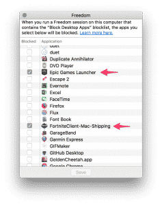 Select the Fortnite desktop App from the list to block it.