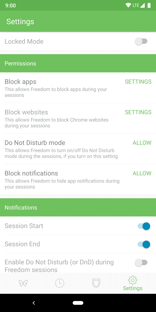 Freedom settings screen
