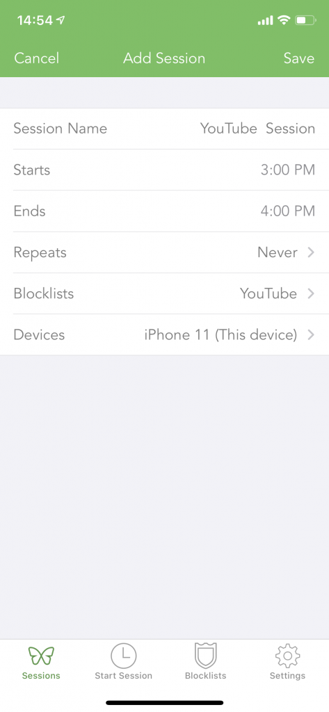 For a scheduled session, select the start and end times. For a recurring session select on which days you want your block session to repeat.