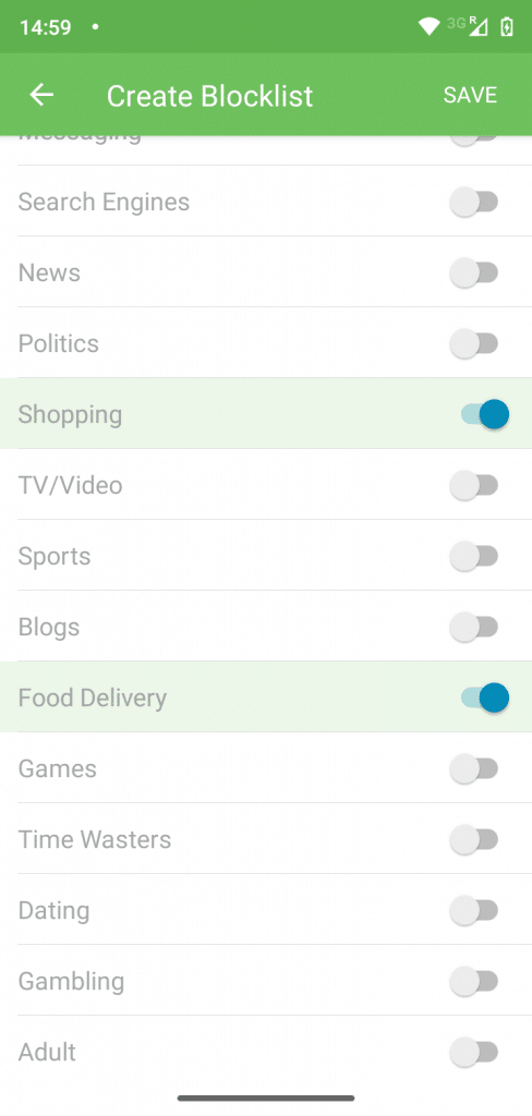 Toggle the shopping and food delivery category filters