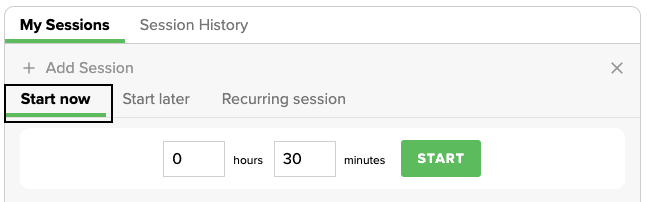 click "start now" to enter the duration of a block session