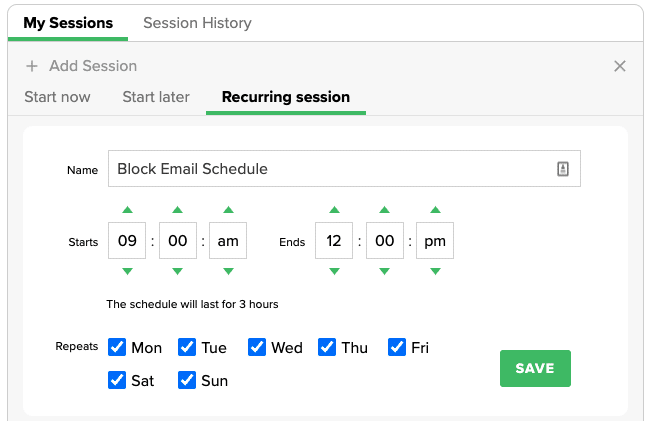 To create a recurring block schedule, select 'recurring session'