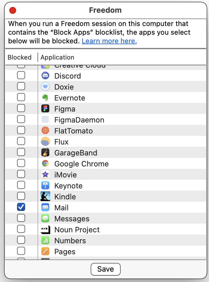 Select Mail to block the mail desktop app