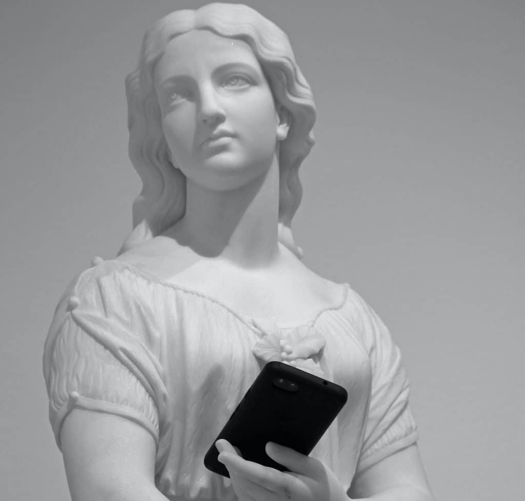 perfect marble sculpture of a woman with smartphone