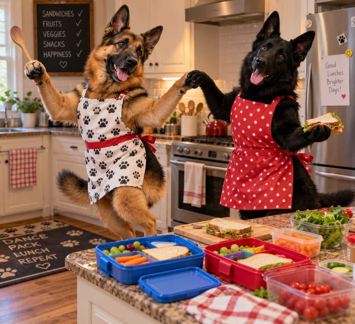 AI-generated image of two German shepherds in aprons packing lunches in a kitchen